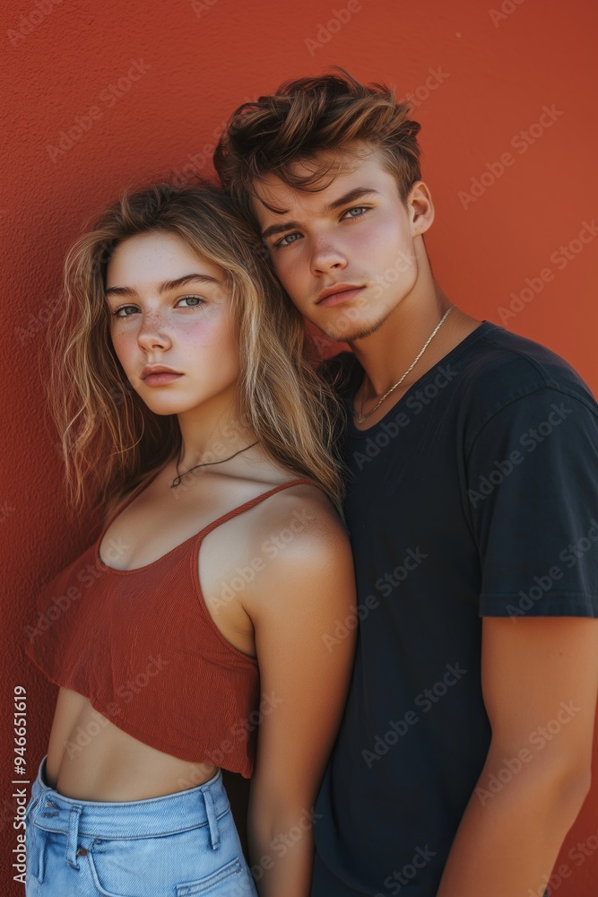 A man and a woman are posing for a picture. The woman is wearing a red tank top and the man is wearing a black shirt. Scene is casual and friendly A man and a woman are posing for a picture. The woman is wearing a red tank top and the man is wearing a black shirt. Scene is casual and friendly
