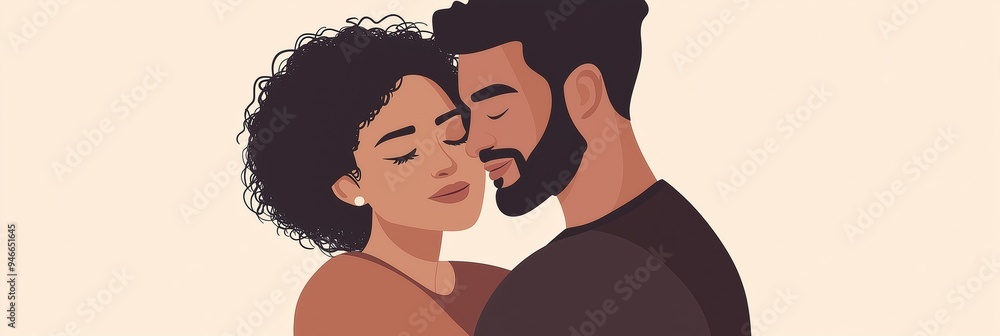 Obraz premium A man and woman are hugging each other. The man has a beard and the woman has curly hair