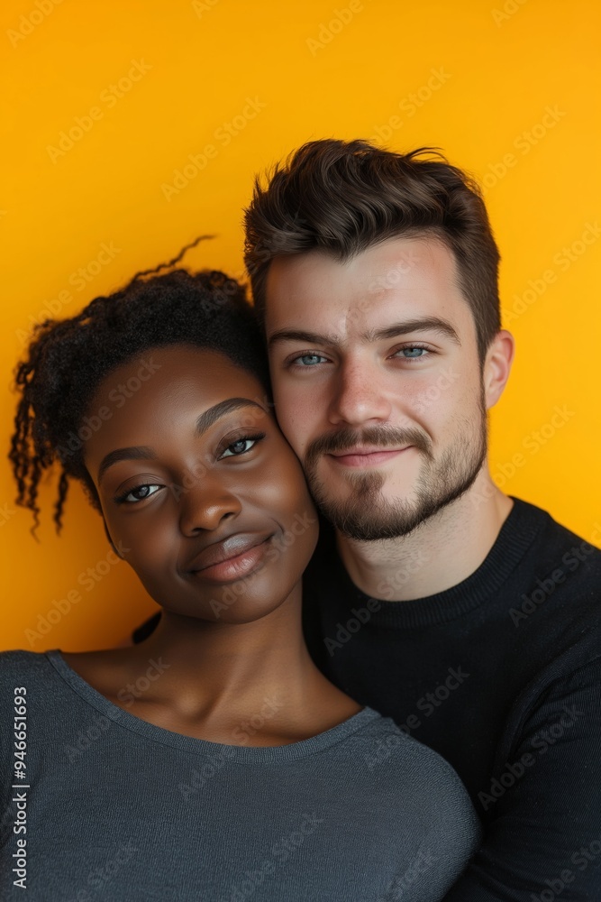 A man and a woman are hugging each other on a yellow background. The man has a beard and the woman has dark hair A man and a woman are hugging each other on a yellow background. The man has a beard and the woman has dark hair