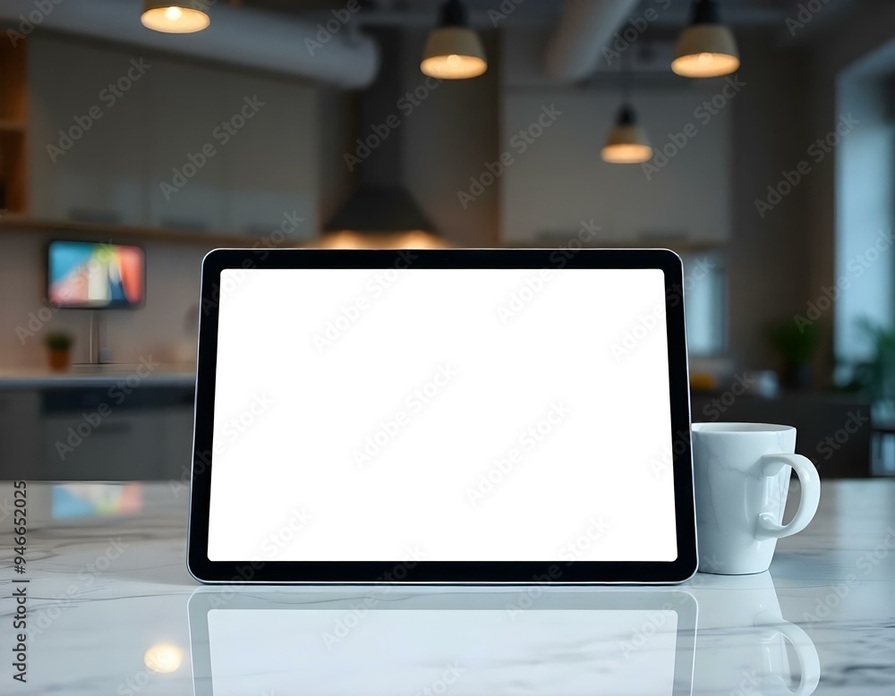 A blank tablet mockup positioned on a marble countertop, bright overhead lights reflecting off the surface, with a coffee cup beside it create with ai A blank tablet mockup positioned on a marble countertop, bright overhead lights reflecting off the surface, with a coffee cup beside it create with ai