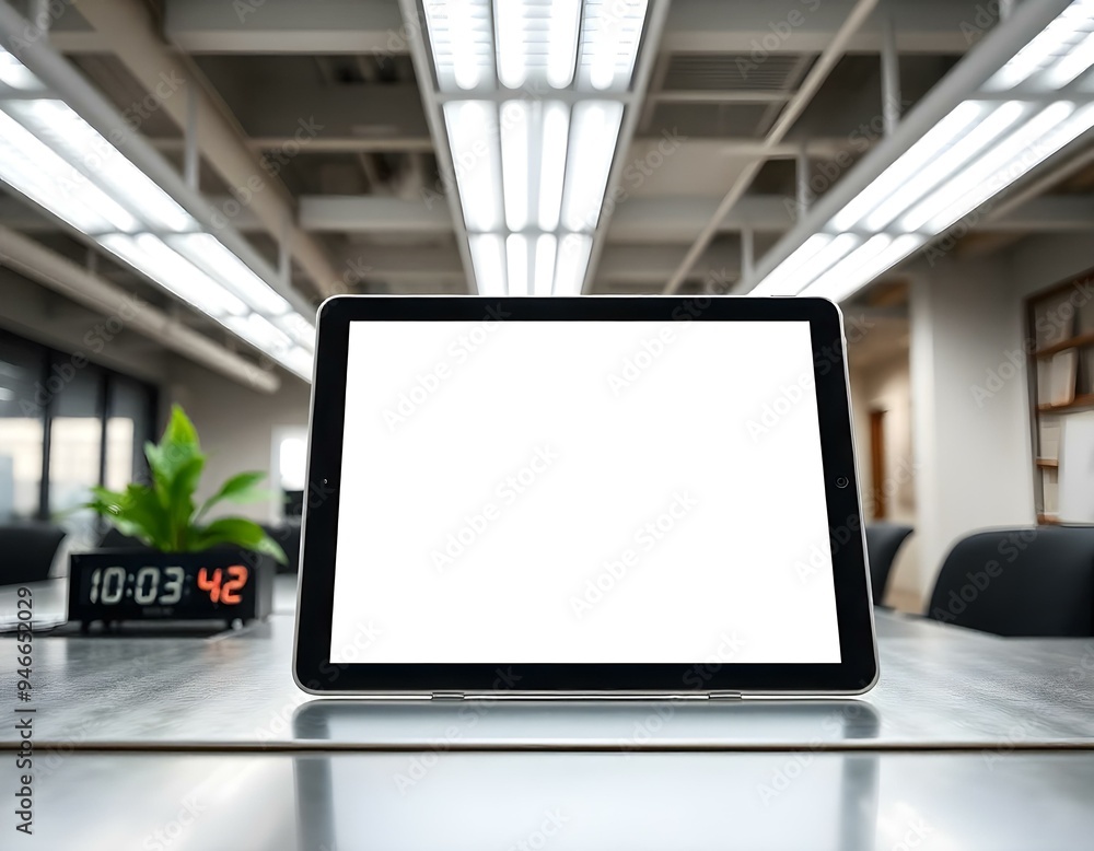 A blank tablet mockup situated on a metal surface, under fluorescent office lights create with ai A blank tablet mockup situated on a metal surface, under fluorescent office lights create with ai