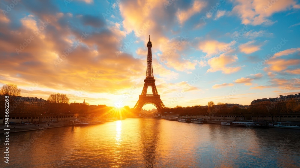 Fototapeta premium The Eiffel Tower in Paris is illuminated against a brilliant sunset with vibrant clouds, reflected in the calm waters below, offering a splendid urban landscape view.