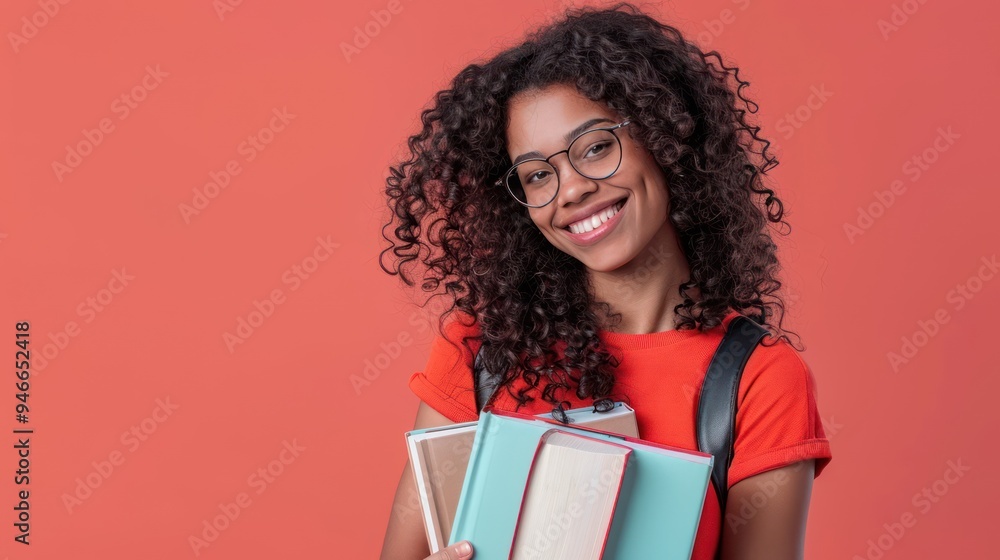 Happy student with glasses, curly hair, holding books, light coral background, detailed studio photography Happy student with glasses, curly hair, holding books, light coral background, detailed studio photography