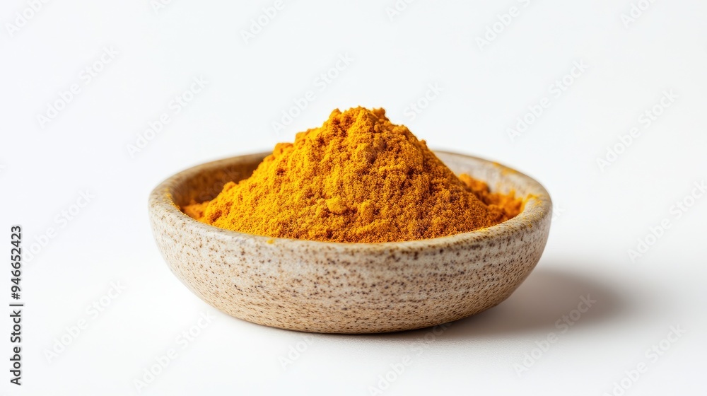 Heap of turmeric powder in a small ceramic dish, with a light dusting around it on a white background, no people. Heap of turmeric powder in a small ceramic dish, with a light dusting around it on a white background, no people.