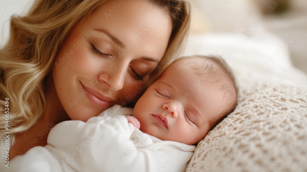 A serene image of a mother and her newborn baby sleeping peacefully on a cozy bed, capturing a tender moment of love, care, and comfort between mother and child. A serene image of a mother and her newborn baby sleeping peacefully on a cozy bed, capturing a tender moment of love, care, and comfort between mother and child.