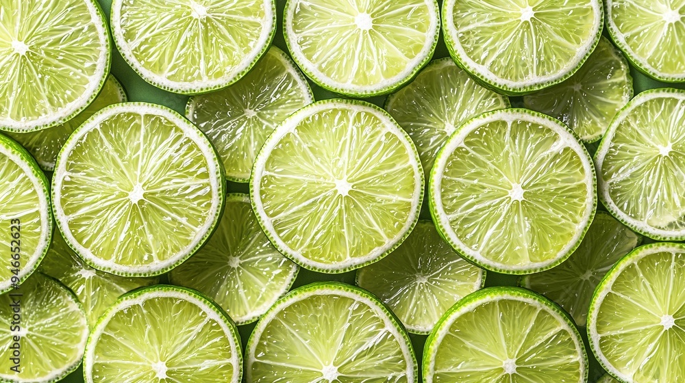 A stack of halved limes with whole lime tops centered A stack of halved limes with whole lime tops centered