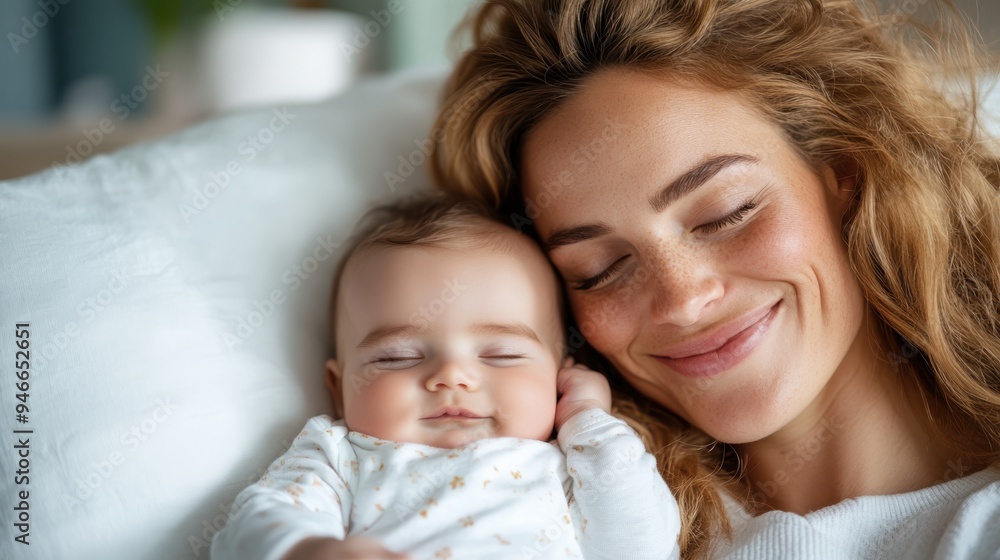 An endearing scene of a mother and her little baby sleeping together on soft bedding, capturing the warmth, love, and security of this intimate mother-child relationship. An endearing scene of a mother and her little baby sleeping together on soft bedding, capturing the warmth, love, and security of this intimate mother-child relationship.