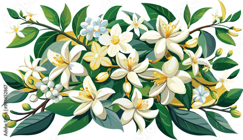 Illustration Of Jasmine Flowers With Leaves -looming jasmine flowers with vibrant green leaves. Perfect for botanical art, nature themes, and floral designs conveying freshness and elegance. 