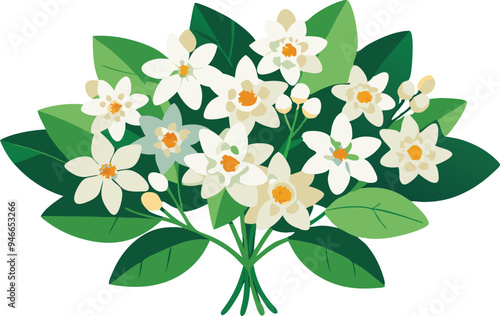 Illustration Of Jasmine Flowers With Leaves -looming jasmine flowers with vibrant green leaves. Perfect for botanical art, nature themes, and floral designs conveying freshness and elegance.
