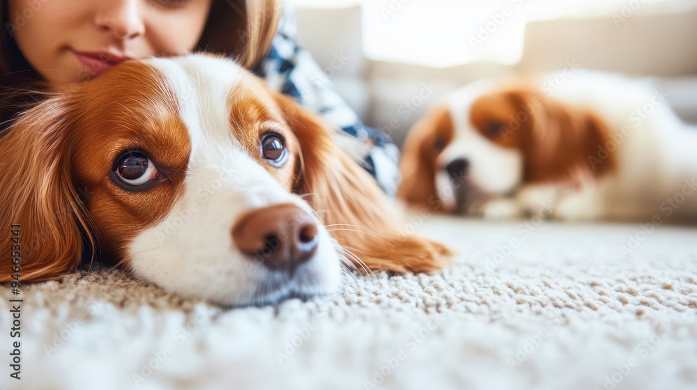 A close-up image captures two adorable dogs lying down on a soft carpet in a cozy, well-lit room with a serene and relaxed ambiance, perfect for pet lovers. A close-up image captures two adorable dogs lying down on a soft carpet in a cozy, well-lit room with a serene and relaxed ambiance, perfect for pet lovers.