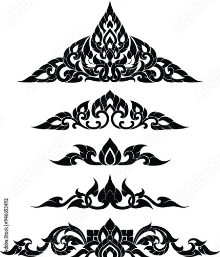 Thai Pattern Motif for Asian Art Style Decoration in Silhouette Flat Illustration