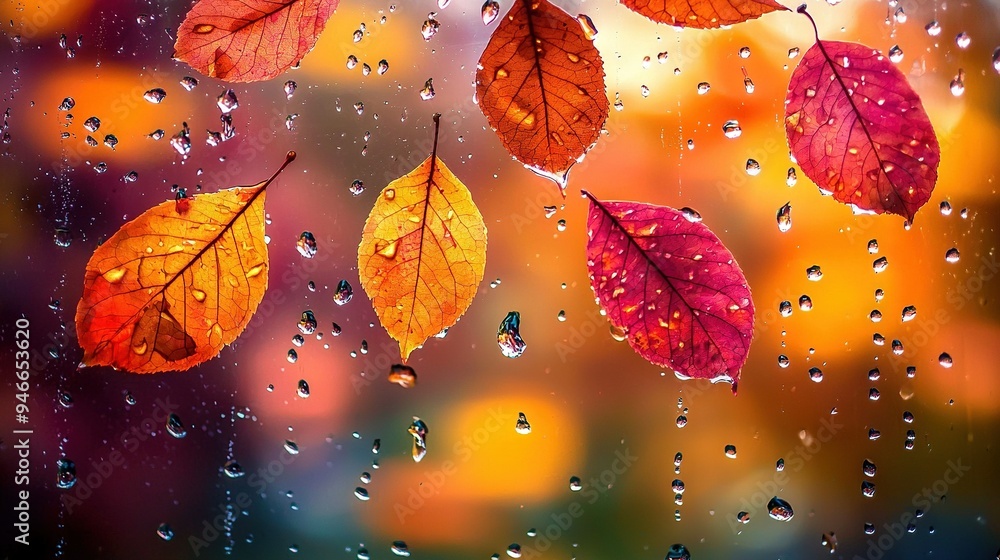 Leaves dangle outside window, droplets on each leaf Leaves dangle outside window, droplets on each leaf