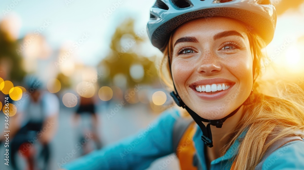 A woman is smiling brightly while wearing a helmet and biking outdoors in a sunlit environment, exuding joy and excitement during her ride on a beautiful day. A woman is smiling brightly while wearing a helmet and biking outdoors in a sunlit environment, exuding joy and excitement during her ride on a beautiful day.