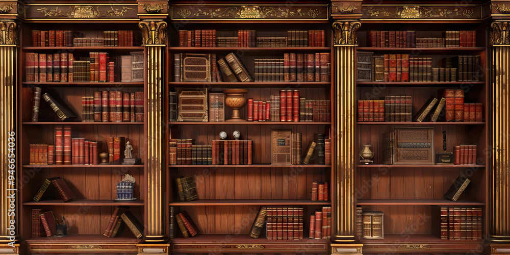 Rich brown leather and golden accents of an antique library's bookshelves. Rich brown leather and golden accents of an antique library's bookshelves.