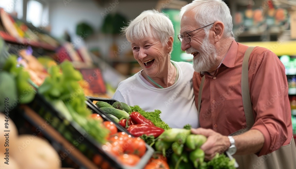 Joyful elderly couple choosing fresh produce, grocery shopping, laughing together, high resolution, 8k quality. Joyful elderly couple choosing fresh produce, grocery shopping, laughing together, high resolution, 8k quality.