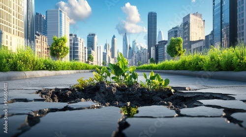 A resilient plant grows from a crack in the pavement, symbolizing nature's persistence in an urban environment. photo