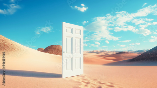 Opened white door in the desert on sunny day photo