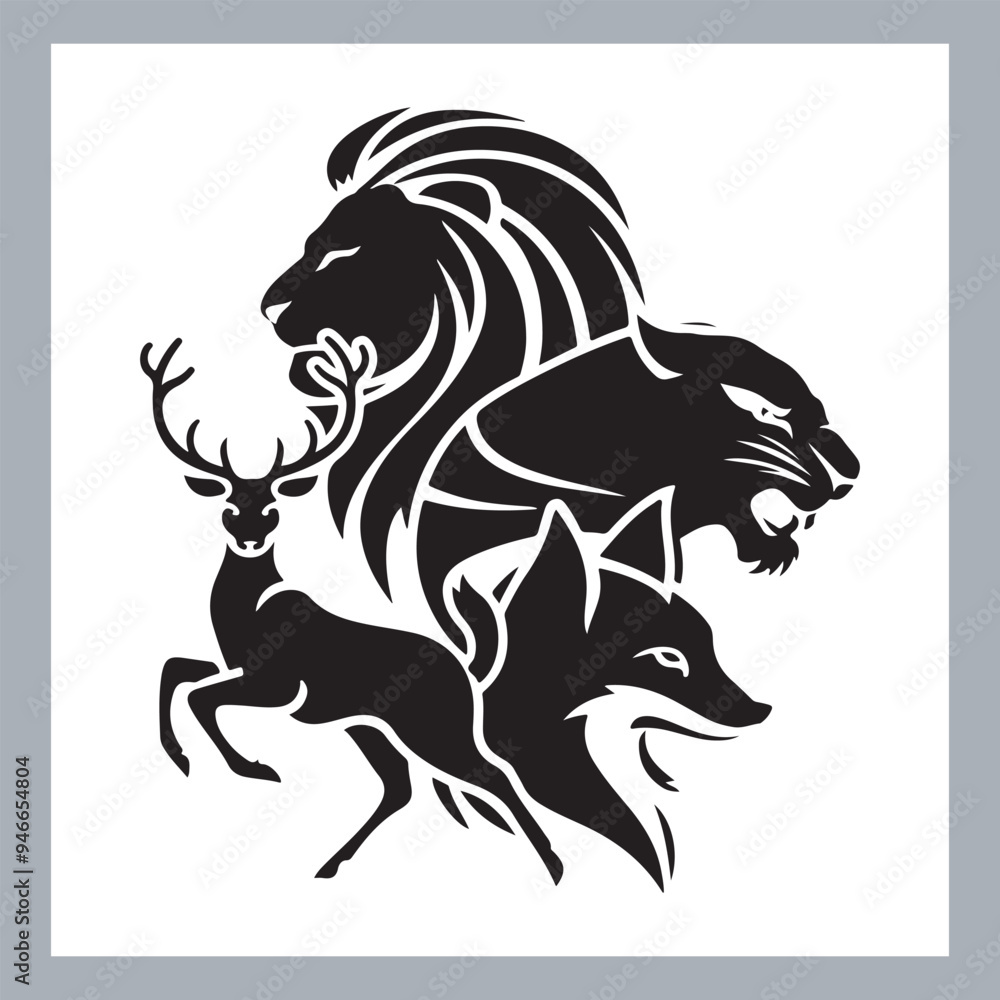 Obraz premium Set of silhouette logotype icons animal Lion, Elephant, Tiger, Giraffe, Kangaroo, Panda, Gorilla, dolphin, cat, deer, Polar Bear, Zebra, fox in white background