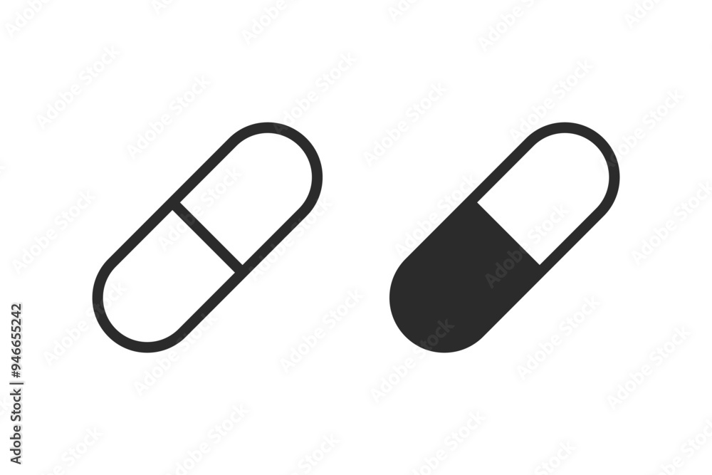 Drug pill medicine capsule in 2 variations isolated on white background. Vector icons in flat style. Drug pill medicine capsule in 2 variations isolated on white background. Vector icons in flat style.