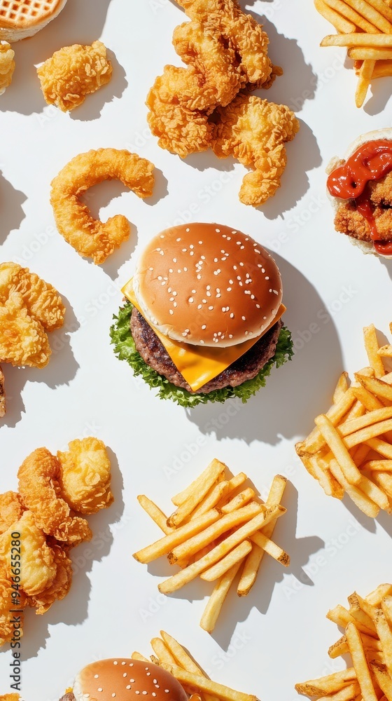 An assortment of fast food featuring a double cheeseburger, crispy fries, and chicken nuggets arranged appealingly An assortment of fast food featuring a double cheeseburger, crispy fries, and chicken nuggets arranged appealingly