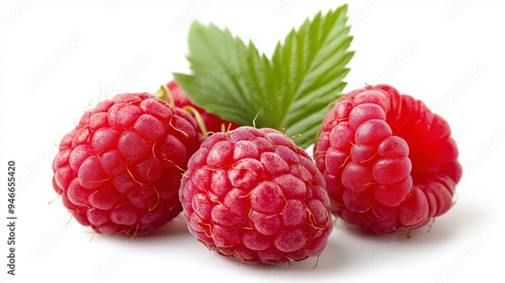 Three fresh raspberries with a green leaf on a white background. Three fresh raspberries with a green leaf on a white background.