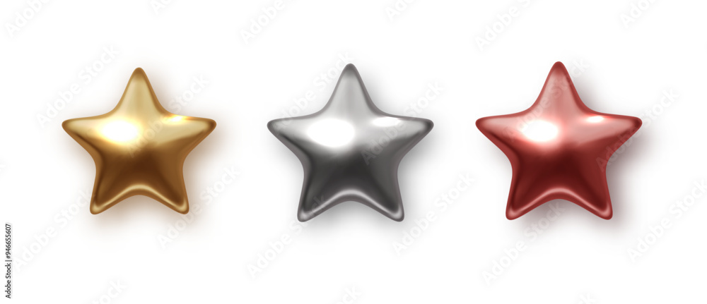 Golden silver and bronze star product rating isolated icon. PNG Realistic metallic award star. Christmas design element Golden silver and bronze star product rating isolated icon. PNG Realistic metallic award star. Christmas design element