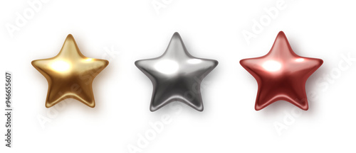 Golden silver and bronze star product rating isolated icon. PNG Realistic metallic award star. Christmas design element