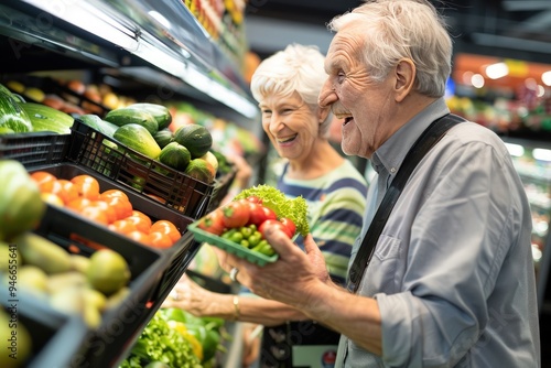 Joyful senior couple selecting fresh produce, grocery store, smiling and laughing, high resolution, 8k quality.