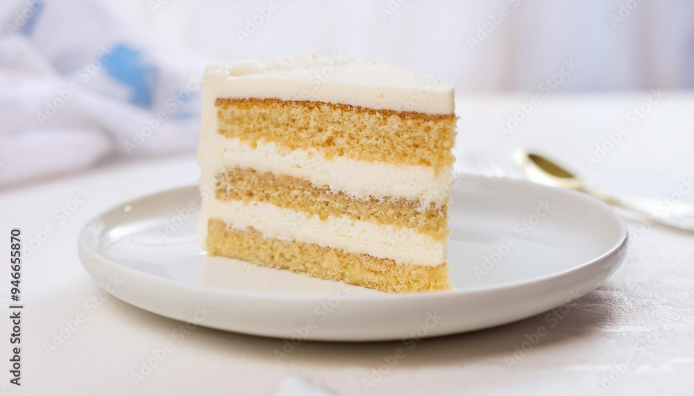Slice of creamy cake with layers of buttercream and soft sponge on ceramic plate. Tasty sweet food Slice of creamy cake with layers of buttercream and soft sponge on ceramic plate. Tasty sweet food