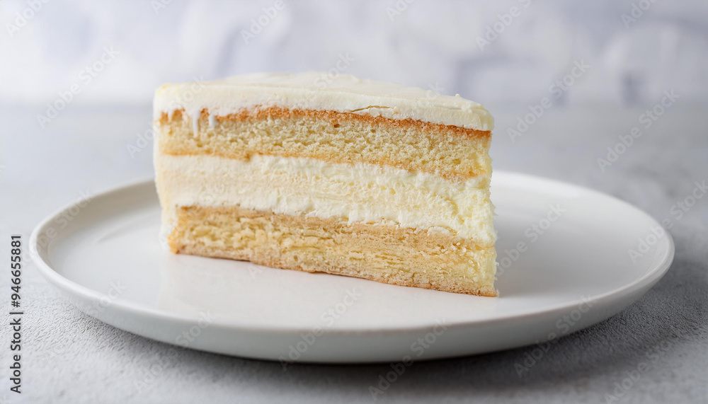 Slice of creamy cake with layers of buttercream and soft sponge on ceramic plate. Tasty sweet food Slice of creamy cake with layers of buttercream and soft sponge on ceramic plate. Tasty sweet food