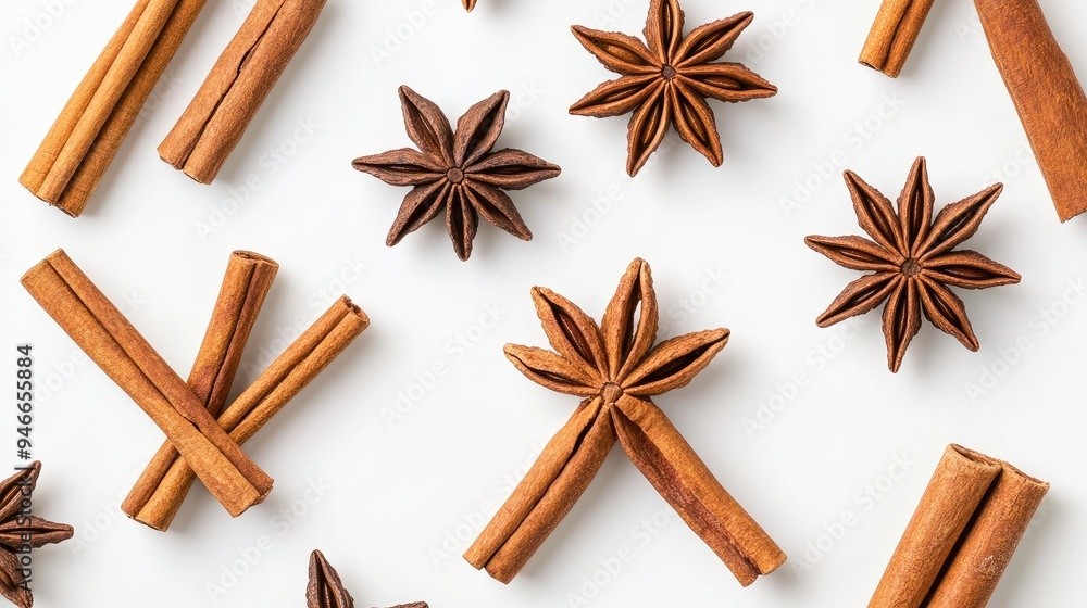 Star anise and cinnamon sticks arranged in a geometric pattern on a white background, no people. Star anise and cinnamon sticks arranged in a geometric pattern on a white background, no people.