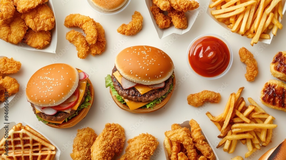 An assortment of fast food featuring double burgers, crispy chicken pieces, golden fries, and signature dipping sauces arranged on a table An assortment of fast food featuring double burgers, crispy chicken pieces, golden fries, and signature dipping sauces arranged on a table