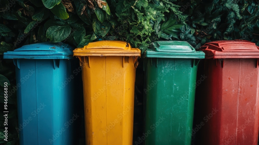 A colorful array of four trash bins in blue, yellow, green, and red against a lush green leafy background, representing environmental awareness and organized cleanliness. A colorful array of four trash bins in blue, yellow, green, and red against a lush green leafy background, representing environmental awareness and organized cleanliness.