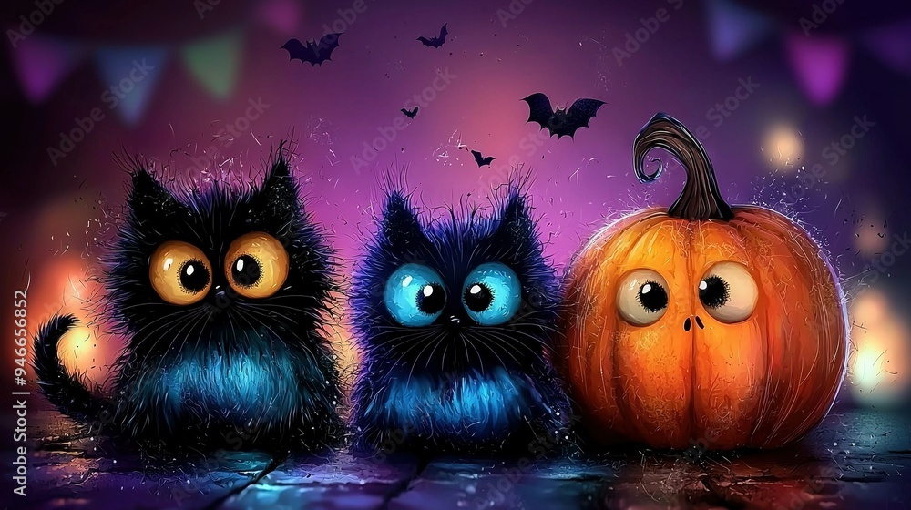 Three cats sitting near a Jack-o'-lantern pumpkin Three cats sitting near a Jack-o'-lantern pumpkin