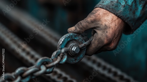 A close-up shot of a rugged, dirt-covered hand gripping a rusty chain, symbolizing hard work, effort, and the connection between human labor and industrial materials.