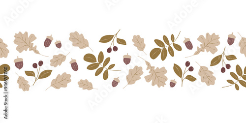 Seamless pattern of autumn oak leaves, acorns, and berries in neutral tones on a white background. Horizontal border in modern flat style for banner, invitation, greeting card, poster, wallpaper.