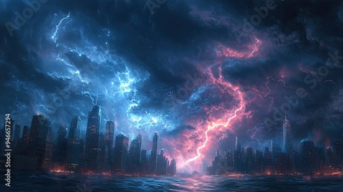 Thunderstorm with lightning striking a distant city skyline, extreme weather, electrifying atmosphere.