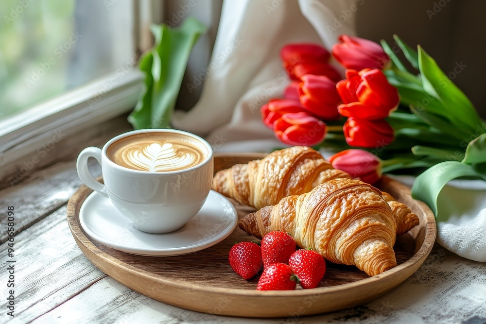A beautiful breakfast scene featuring a cup of coffee with latte art, two croissants, fresh strawberries, and a bouquet of red tulips. This image symbolizes love, celebration, and a special occasion l A beautiful breakfast scene featuring a cup of coffee with latte art, two croissants, fresh strawberries, and a bouquet of red tulips. This image symbolizes love, celebration, and a special occasion l