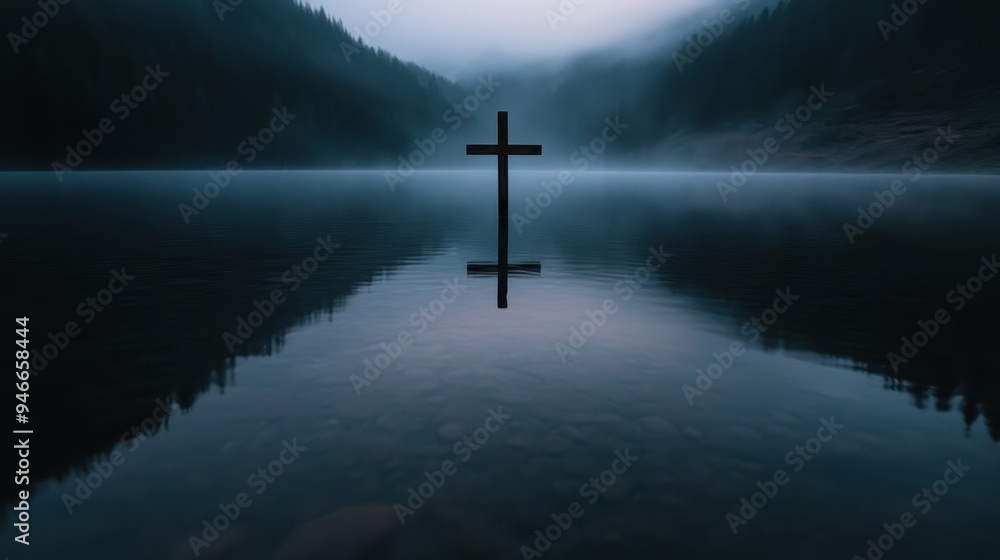 A peaceful cross standing in a lake during twilight, surrounded by mists and silhouetted mountains, symbolizing faith, solitude, and the serene beauty of twilight.