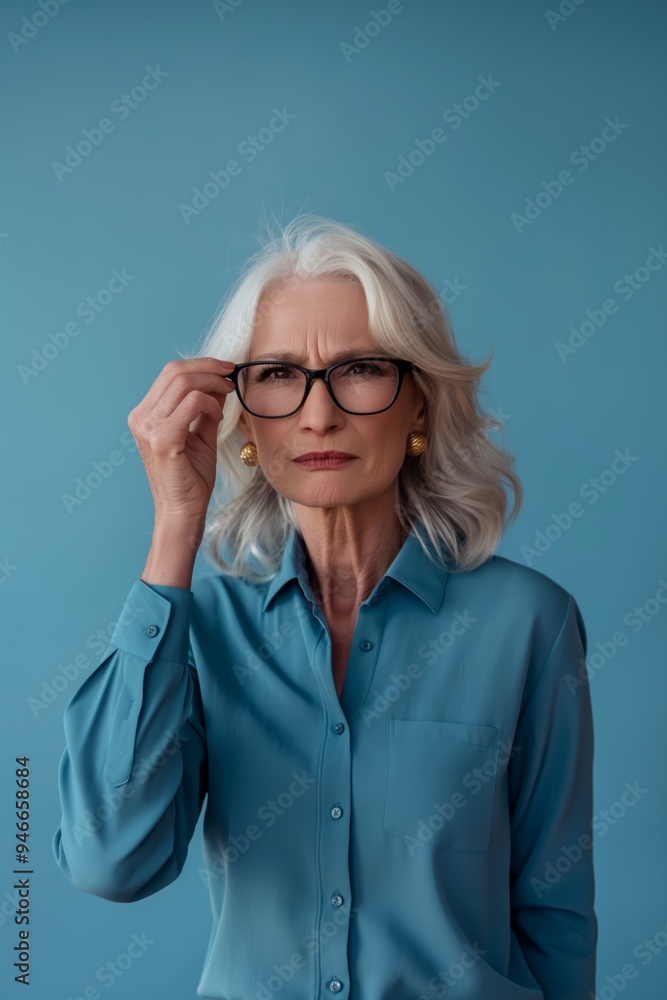 An elegant businesswoman wearing goggles focuses her vision, exuding confidence and maturity. An elegant businesswoman wearing goggles focuses her vision, exuding confidence and maturity.