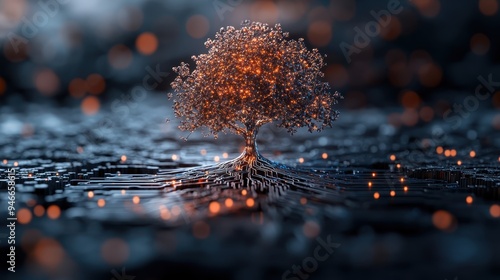 A glowing tree with branches and roots is depicted over a dark circuit board background, symbolizing the integration of technology with nature in a futuristic manner. photo