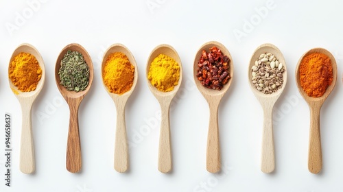 Variety of Indian spice powders in wooden spoons, including turmeric, chili, and coriander, laid out on a white surface, no people.