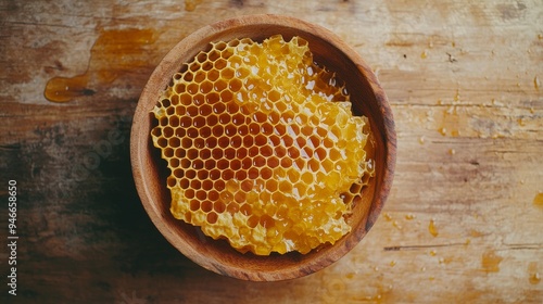 A bowl of golden honeycomb, freshly harvested, sits on a rustic wooden surface. This image represents the pure, natural goodness of honey, symbolizing health, sweetness, and the beauty of nature.