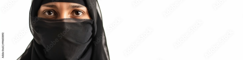 A niqab wearing lady, with expressive eyes, reflecting solitude and traditional beauty. A niqab wearing lady, with expressive eyes, reflecting solitude and traditional beauty.