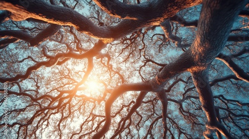 An abstract representation featuring a network of tree branches intertwining under a sky with glowing light, symbolizing connectivity, growth, and natural harmony. photo