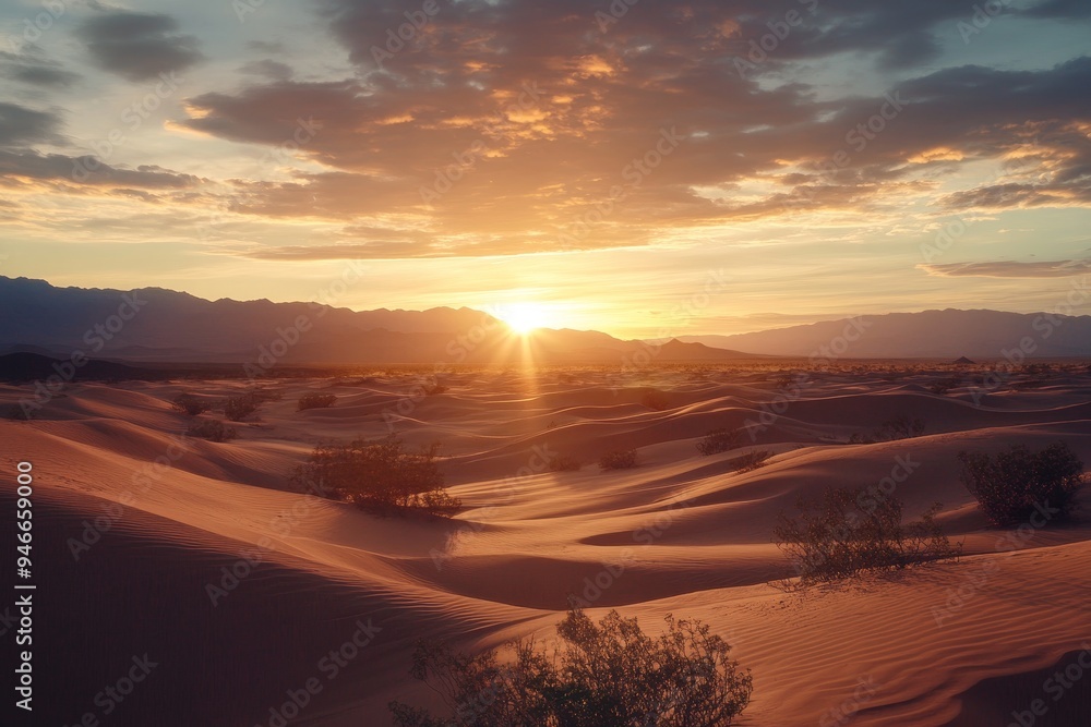 A breathtaking view of a desert landscape at sunset. The sun is setting behind the mountains, casting a warm golden glow over the sand dunes. The sky is filled with dramatic clouds, creating a sense o A breathtaking view of a desert landscape at sunset. The sun is setting behind the mountains, casting a warm golden glow over the sand dunes. The sky is filled with dramatic clouds, creating a sense o
