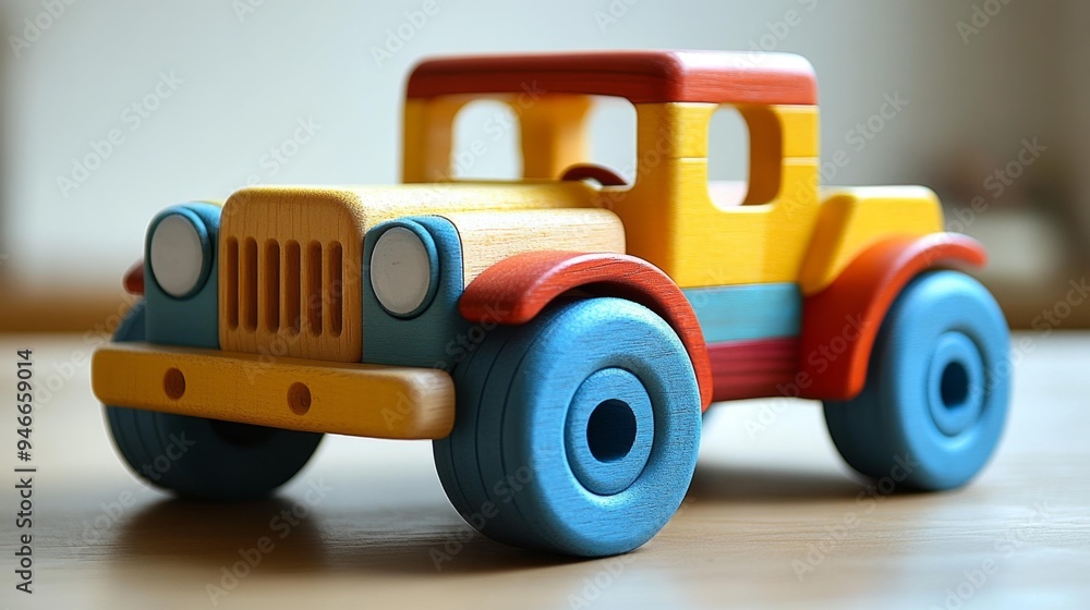 Colorful Wooden Toy Truck on Wooden Surface Generative AI Colorful Wooden Toy Truck on Wooden Surface Generative AI