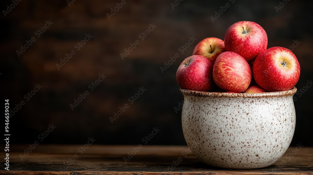 A simple yet beautiful image depicting a rustic, textured bowl filled with shiny red apples, placed on a dark surface, highlighting contrast and freshness. A simple yet beautiful image depicting a rustic, textured bowl filled with shiny red apples, placed on a dark surface, highlighting contrast and freshness.