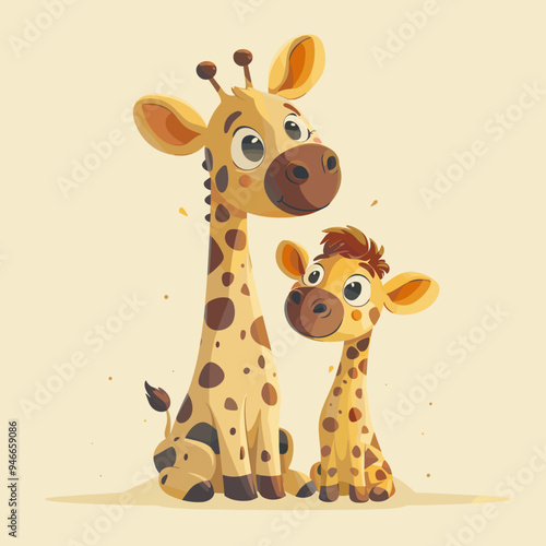 Cute cartoon baby giraffe with his mother. Vector illustration.