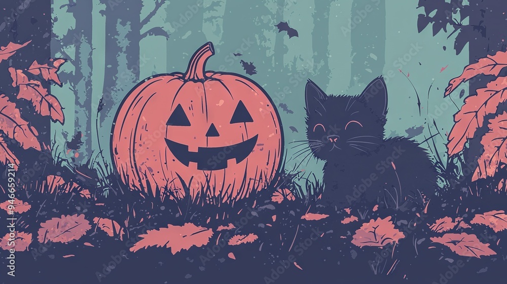 A black cat sat on grass near a Jack-o'-lantern and another black cat A black cat sat on grass near a Jack-o'-lantern and another black cat